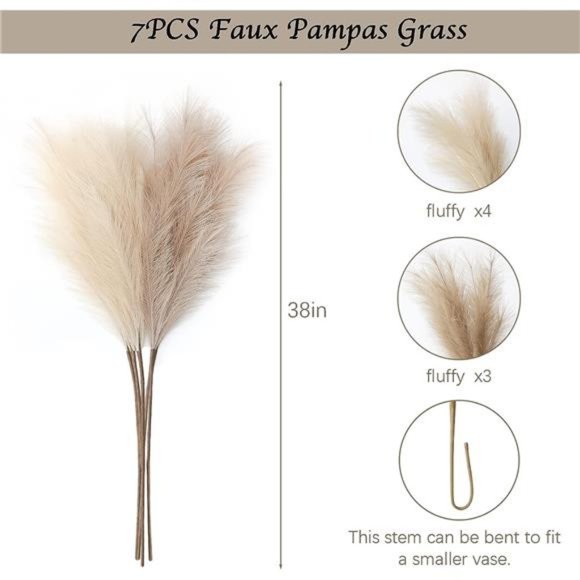 ZIFTY 7-Pcs 38"/3.1FT Faux Pampas Grass Tall Fluffy Artificial Fake Flower Boho - Picture 5 of 7